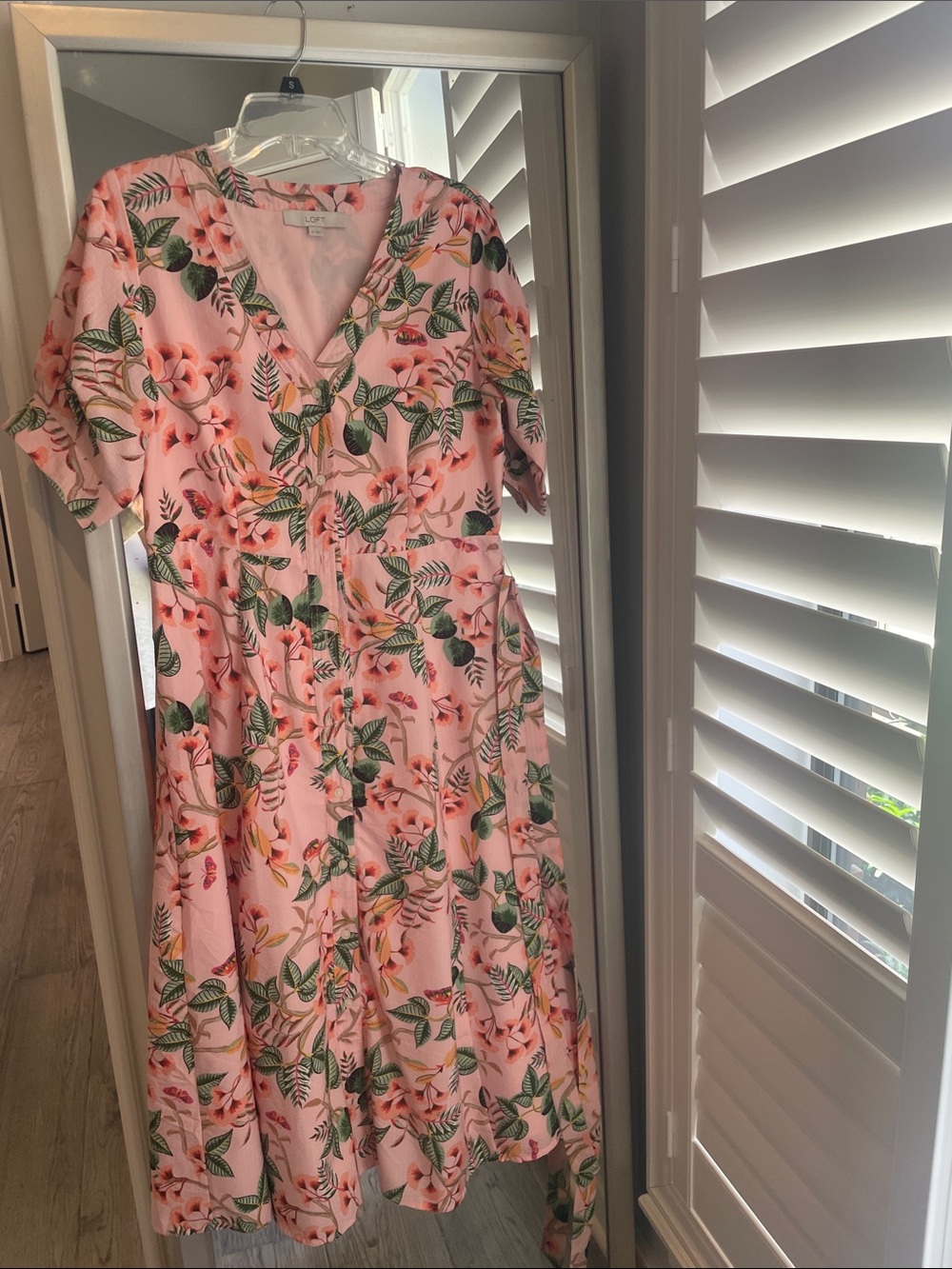 LOFT Pink Floral V-Neck Midi Dress